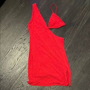 Lucy in the Sky Late to the Part Red Shimmer One-Shoulder Dress